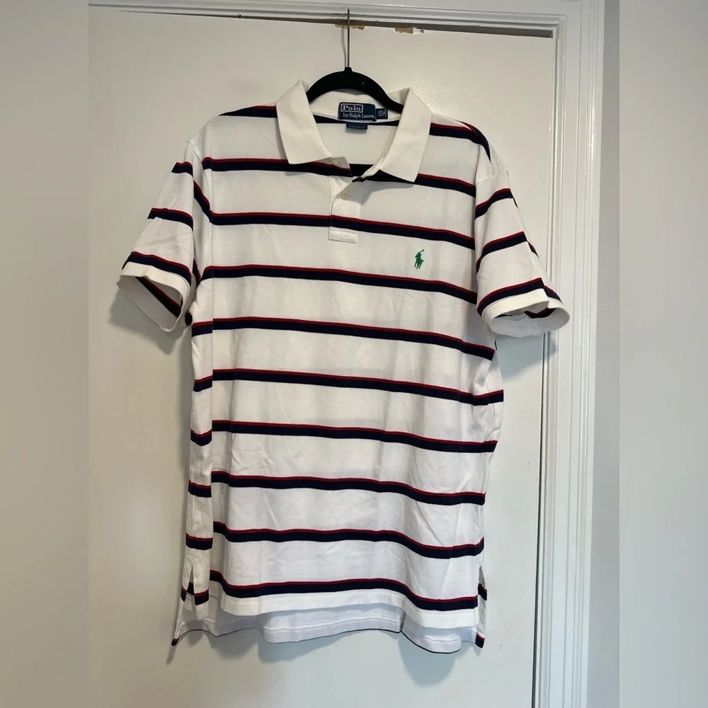 POLO RALPH LAUREN XXL Pique white/navy/red striped Cotton Polo Shirt